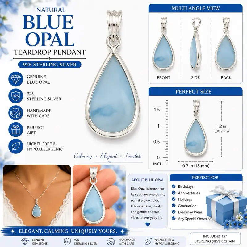 Handmade Blue Opal Teardrop Pendant, .925 Sterling Silver, Genuine Semiprecious Stone, Ideal for Everyday Wear