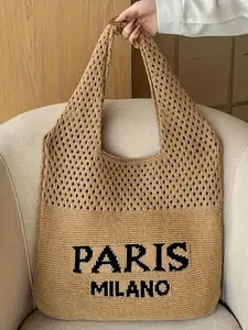 Fashionable Women's Tote Bag, Paris Letter Embroidery Beach Bag, Vintage Hollow Out Breathable Beach & Travel Bag, Durable Woven Design