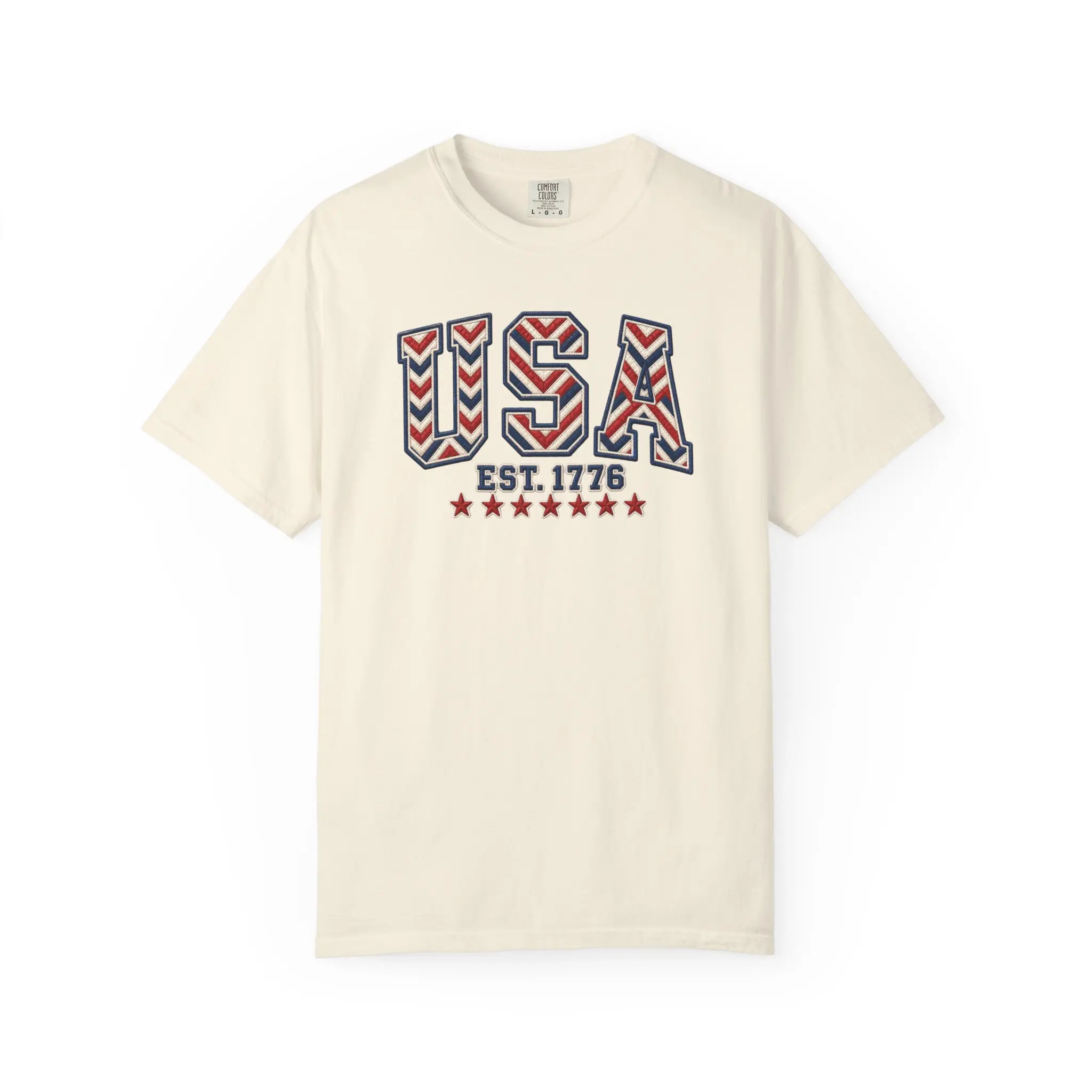 Men's Patriotic Graphic Tee, Loose Fit Baggy Cotton Shirt with USA Est 1776 Chevron Quilted Print for 4th of July, Top, Streetwear, Navy, Matching, Varsity, Shortsleeve, Patchwork, Casual, Menswear, Oversized, Tshirt, 4Th Of July 2026