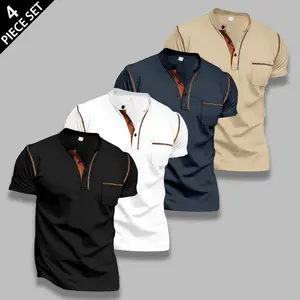 Men's 4-Pack Henley Neck Short Sleeve T-Shirts, Contrast Stitch Detail with Chest Pocket, Slim Fit Casual Tees, Breathable & Comfortable Fabric, Perfect for Daily Wear, Street Style, Casual Outings, Lounging and All-Day Comfort