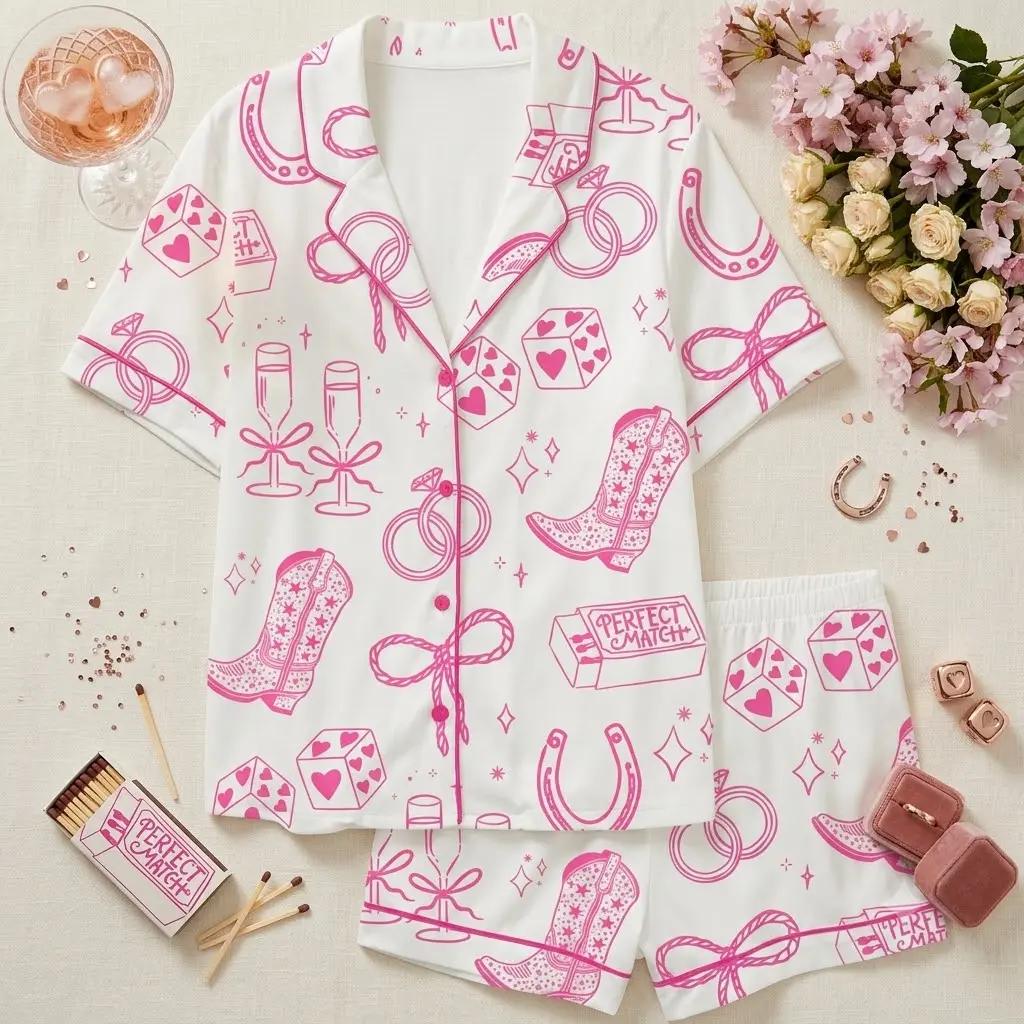 Coastal Cowgirl Bachelorette Pajamas Set, Pink Western Bride Pajama, Matching Bridesmaid Pjs, Short Sleeve Button Down Loungewear, Nashville Perfect Match Sleepwear, Cute Cowboy Boot Dice Bridal Party Nightwear, Trendy Wedding Shower Shorts Gift for Women