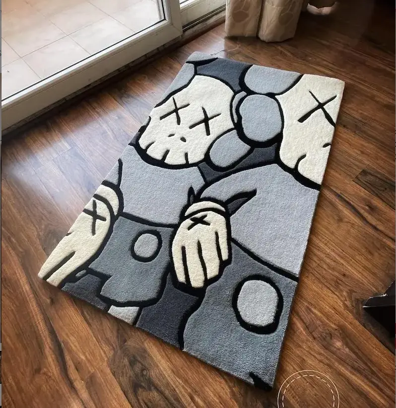 Hand tufted grey and white colour modern premium quality luxury kaws carpet wool rug for living room,bedroom,kids,dining,home decor Rubber Doormat