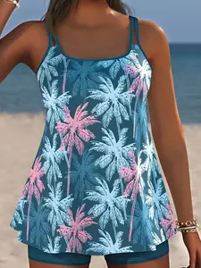 Flattering Tummy Control Palm Print Tankini – Ideal for Beach Yoga & Vacations | 2026 Women’s Swimsuit, Plus Size Friendly, Family Approved Swim, Victoria Secret Inspiredtankini outfit tropical boxer short bottom swimsuit women shoulder suit swimwear