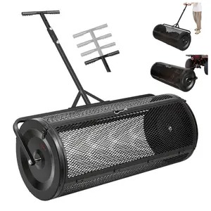 44 in Heavy-Duty Steel Metal Compost Spreader Tool, Mesh Surface, Push/Tow Handle, 4-Height Adjustable Powder-Coated Roller for Garden Peat Moss, Grass Seed Planting, Black