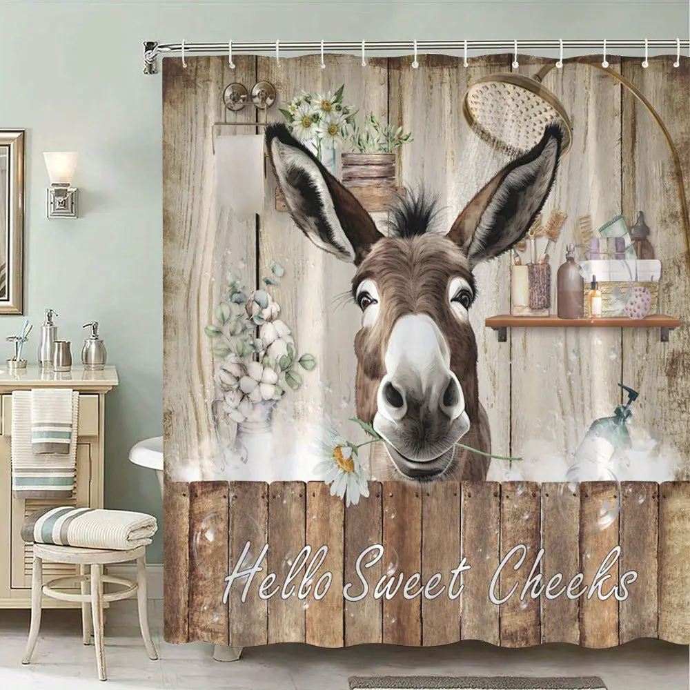Whimsical Donkey Farmhouse Shower Curtain - Friendly Donkey with Daisy Peeking Over Rustic Sink, Cozy Wooden Wall & "Hello Sweet Cheeks" Text with Hooks, Machine Washable Bathroom Decor, Donkey Bathroom Decor, Home Decoration