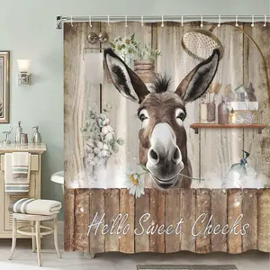 Whimsical Donkey Farmhouse Shower Curtain - Friendly Donkey with Daisy Peeking Over Rustic Sink, Cozy Wooden Wall & "Hello Sweet Cheeks" Text with 12 Hooks, Machine Washable Bathroom Decor, Donkey Bathroom Decor, Home Decoration