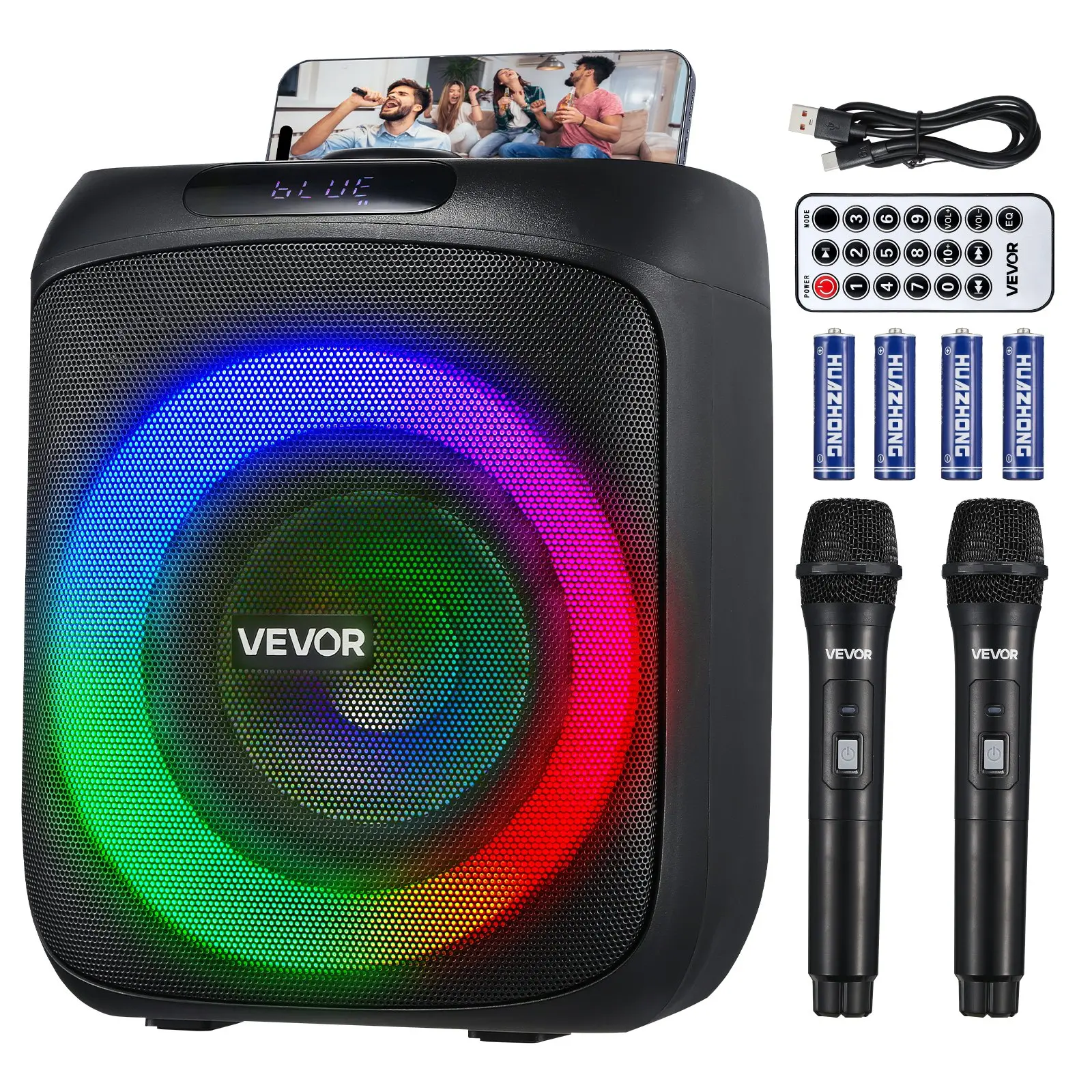 【DealsForYouDays】VEVOR Karaoke Machine for Adults, 30W, 6.5-inch Portable Bluetooth Speaker with 2 Wireless Microphones, LED Light, TWS Function, Handle, Support Micro TF Card, USB, AUX, for Home Karaoke Party Singing