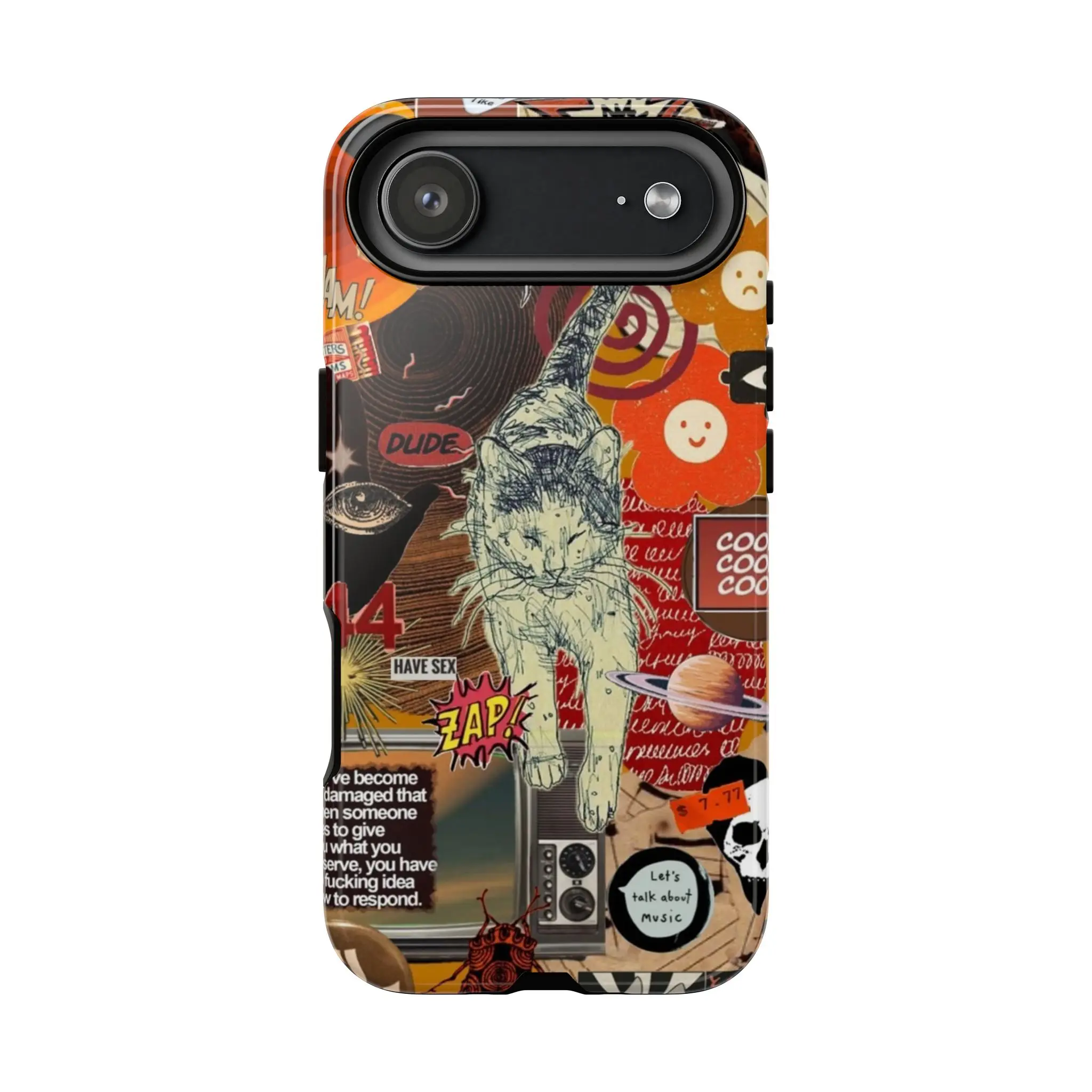 Retro Cat, Smiley & Planet Phone Case – Indie Grunge | Phone Cover for iPhone 17 16 15 14 13 12 SE Max Pro, Gift