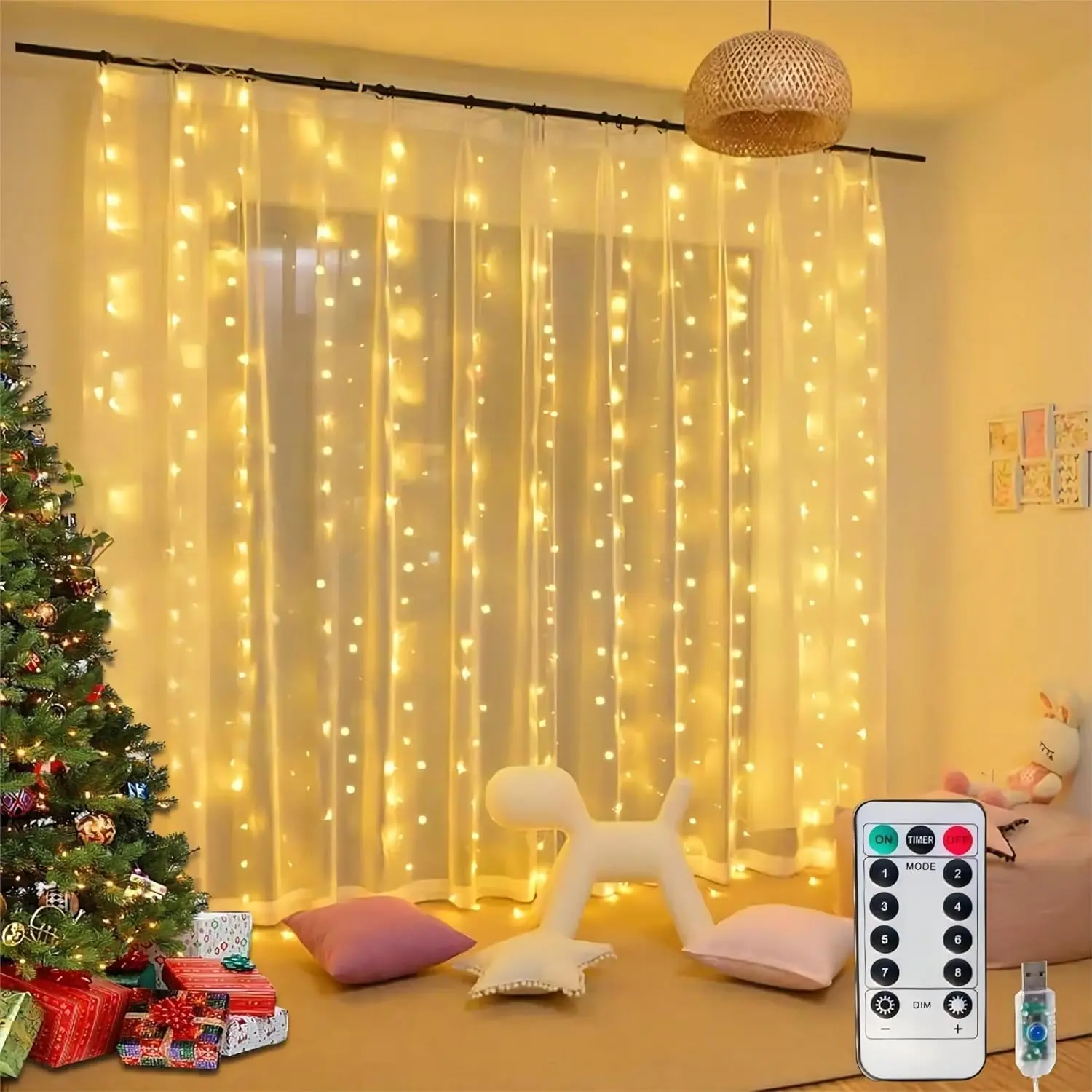 USB Powered Christmas Lights Outdoor Fairy Curtain Lights, 300LEDs Twinkle Fairy Curtain Lights Fit 9.8X9.8Ft Window, Set Timer In Advanced, 8 Lighting Modes Remote Control for Convenience Usage, Perfect Christmas Decorations