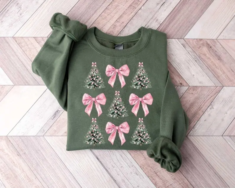 Coquette Bow Christmas Sweatshirt, Christmas Tree Shirt, Christmas Sweatshirt, Girly Christmas Sweater, Coquette Bow Sweater