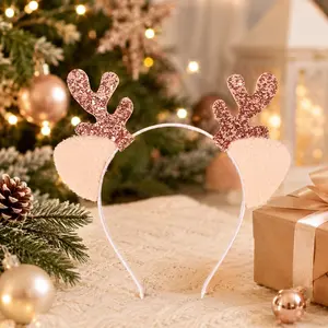 Christmas Reindeer Antler Headband, Glitter Elk Horn Hair Hoop with Plush Ears, Cute Xmas Party Costume for Kids Adults, Holiday Photo Props