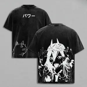 Unisex Oversized Chainsaw Man Power Graphic T-Shirt Short Sleeve Tee Double Sided Cat Girl Print Washed Casual Streetwear Tops for Anime Fans
