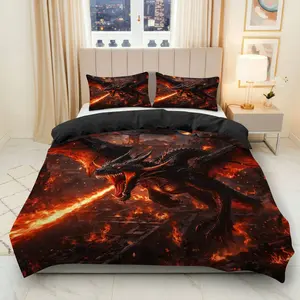 3PCS Duvet Cover Set, 1 Duvet+2 Pillowcases(Without filler), Dragon Fire Fantasy Epic Mythical Charcoal theme, Halloween bedding set, Fiery Dragon Suitable for decoration bedroom living room guest room dormitory.