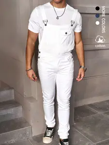 Men's Casual Denim Jumpsuit, Elastic Jean Fabric Adjustable Straps & Pockets, Workwear Overall, All Seasons, Button Fly, Fitted Style