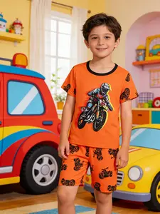 Boys' 2-Piece Cool Racing Print Round Neck Short Sleeve Shorts Pajama Set, Comfortable Home Wear Sleepwear for Kids, Cartoon Print Pajama, Round Neck Pajamas, Cartoon Pattern Pajamas
