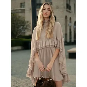 Semi-Sheer Chiffon Ruffle Dress With Outer Cape Spring Summer New Elegant Chic Chiffon Dress Fashion Inner Tank Two-Piece Set, Stylish Women's Clothing, Perfect for Casual Wear