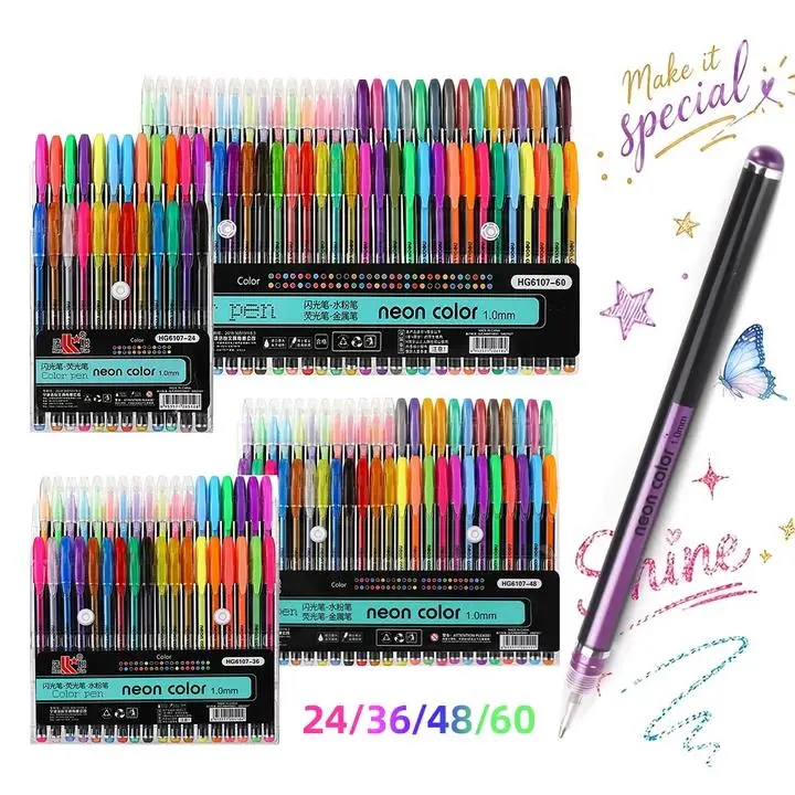 24/36/48/60-Pack Gel Pen Set, Glitter, Metallic, Neon & Pastel Gel Pens, Smooth Writing Coloring Pens for Adult Coloring Books, Journaling, Drawing, Scrapbooking & DIY Crafts summervibes