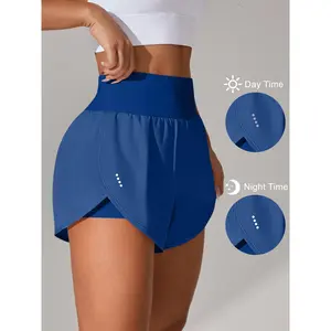 [Yoga Activewear] Women's Light Blue Yoga Shorts - Casual & Loose-Fit, High-Waisted with Ruffle Detail, Stretchy Polyester-Elastane Blend, Machine Washable, Perfect for Spring/Summer/Fall