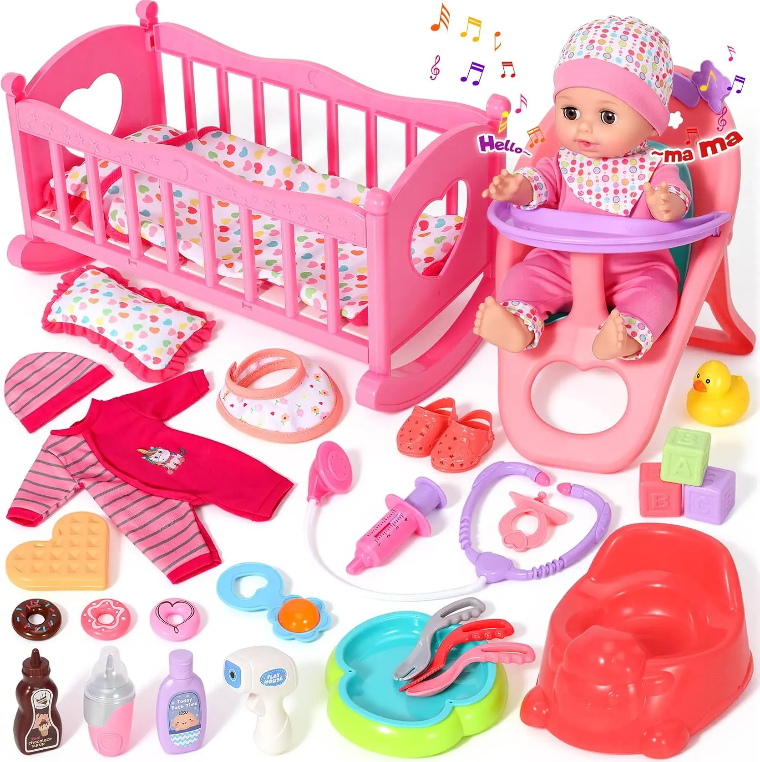 12'' Interactive Baby Doll Set with Crib and High Chair, 32 PCS Baby Doll Toys Speaking 12 Sounds with Baby Doll Accessories, Doll Playset for Toddler Girl Toys Gifts 3 4 5 Years Old steam real pink play mini kitchen miniverse target Kids kit mainan
