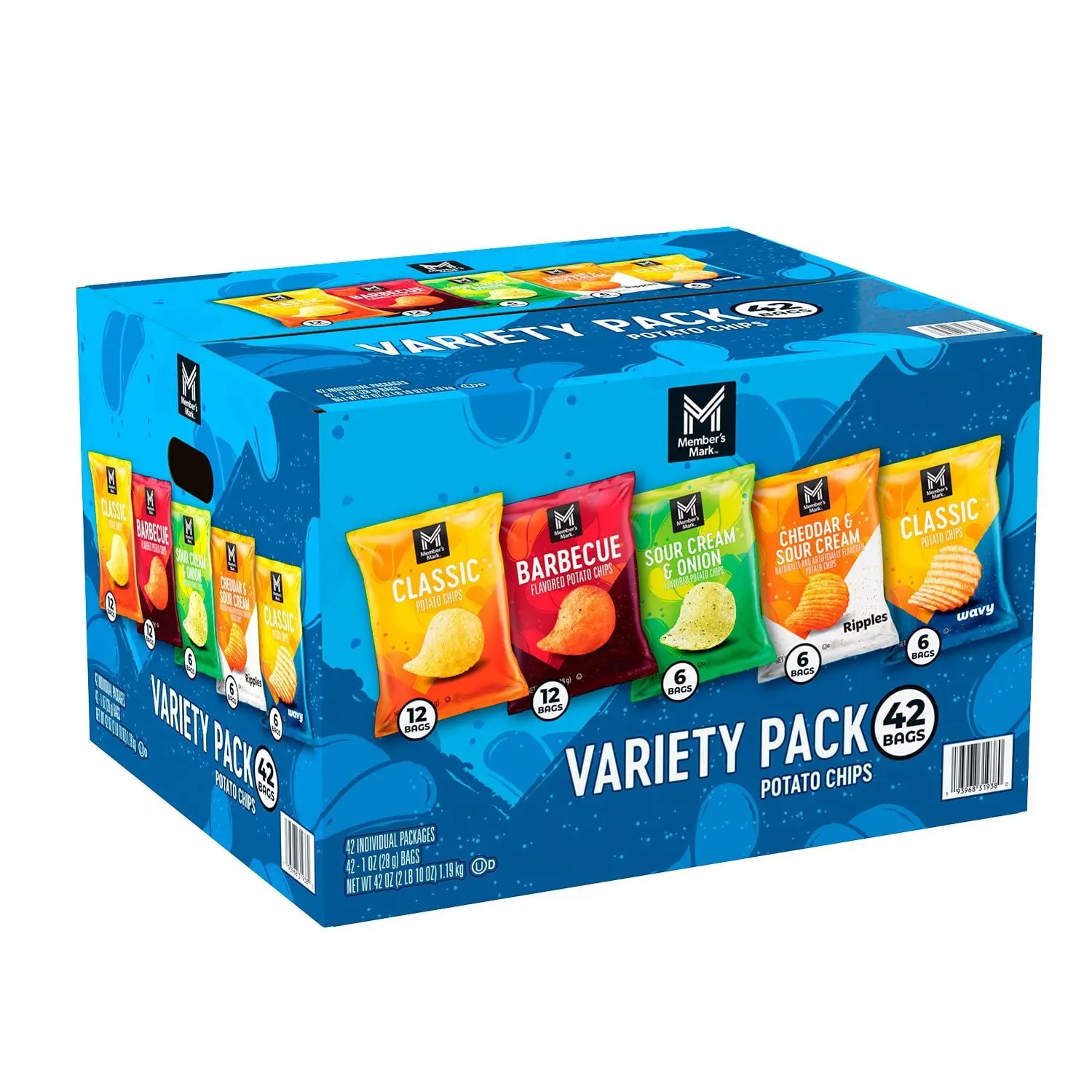 Member's Mark Variety Pack Potato Chips 1 oz 42 pk Classic Barbecue Sour Cream Onion Cheddar & Sour Cream Ripple Wavy Snack Mix