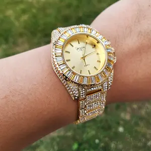 MaxBling81 Women's Luxury Fashion Analog Wristwatch - Hip Hop Style, Gold-Plated Iced Case, Icy Baguette Stones, Metal Band