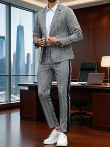 Men's Plaid Side Stripe Blazer Suits Set, Single Button Casual Jacket + Slim Fit Pants, Wrinkle-Resistant Fabric, Business & Daily Wear