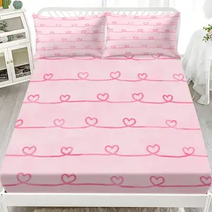 Valentine's Day Bedding Set, Heart Pattern Design, 1 Fitted Sheet+2 Pillowcases, 100% Polyester Material, Ideal for Couples' Bedroom Decor