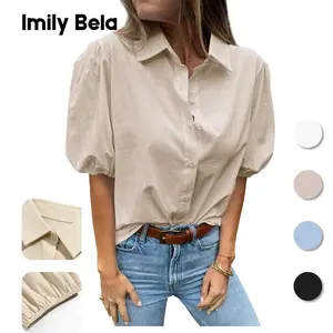Imily Bela Women's Puff Sleeve Cotton Button Down Shirt  #OOTD Must - Have! Baggy Beige