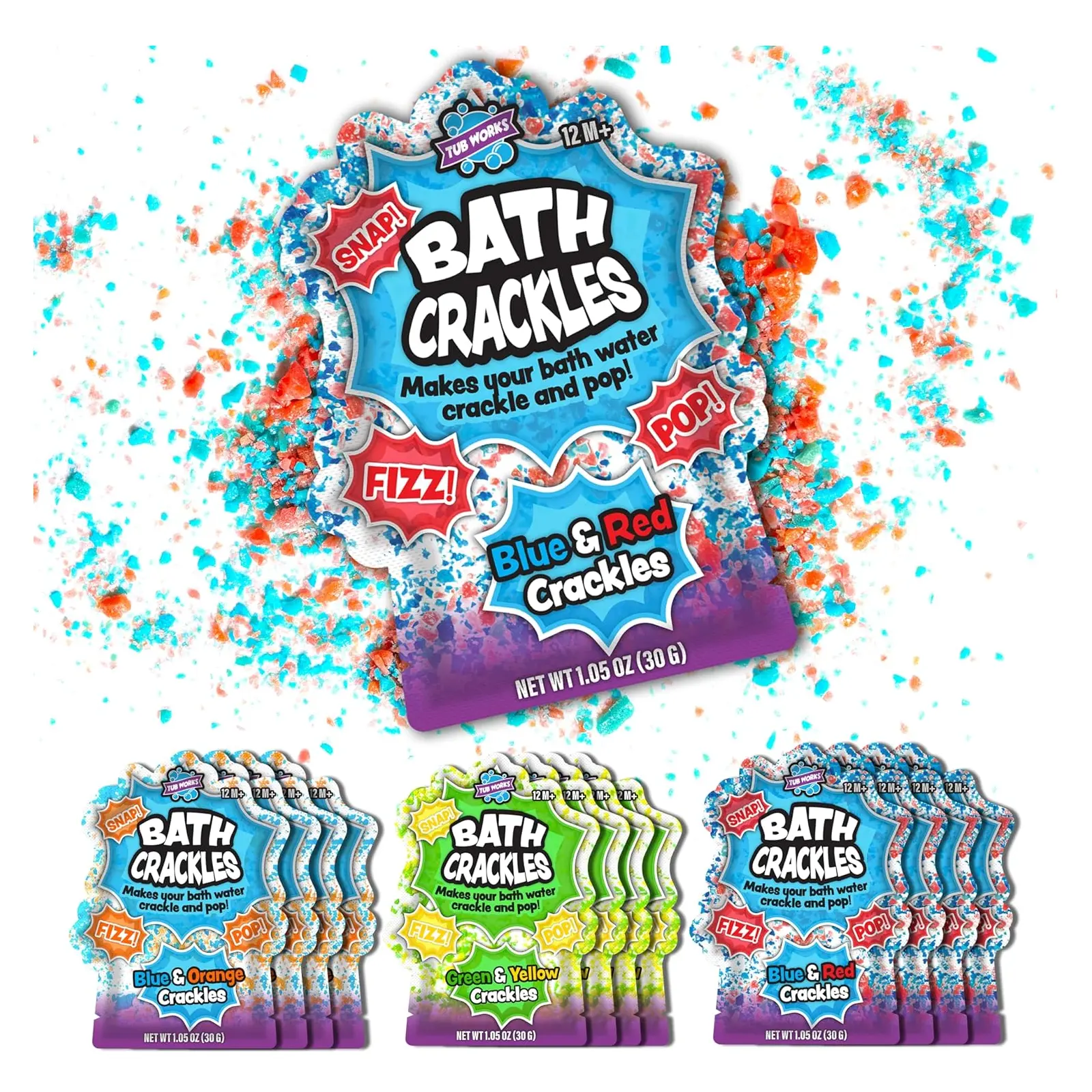 Tub Works Bath Crackles 12-Pack Blue & Red Whimsical Popping Sensory Bath Toys, Safe for Kids 1+ Unisex Non-Toxic Fragrance-Free Boys’ Bathtime Fizzy Toy, Baby Registry Item