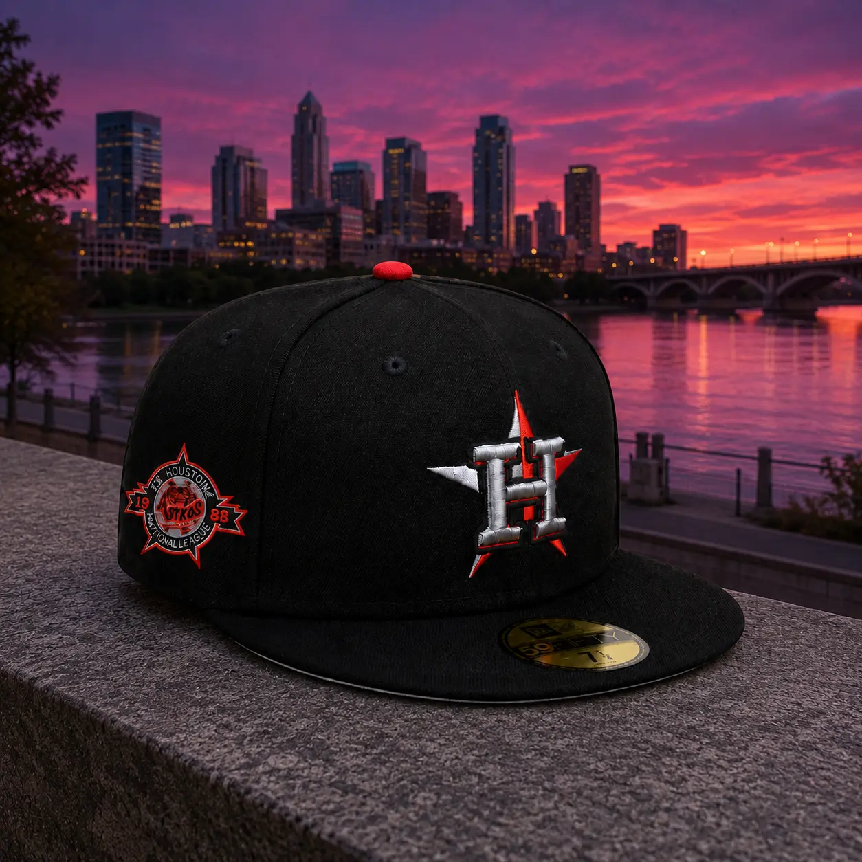 Black Houston Fitted Baseball Hat – 59FIFTY Flat Brim Cap with Embroidered Star Logo