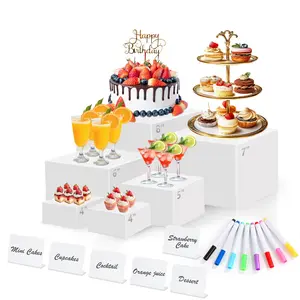 6 Pcs White Acrylic Buffet Risers – Nesting Cube Display Stands with Hollow Bottoms, Includes Mini Signs & Marker – Food, Dessert, Jewelry, Collectible Risers for Party, Catering, Home tiktokshopspringglowup