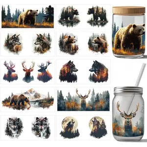 10 Pcs Wolf Bear Deer UV DTF Cup Wrap Transfer Sticker, 10 Styles Wild Animal Transfer Paper Rub on Stickers Silhouette PVC Cup Wrap Waterproof Decals for Glass