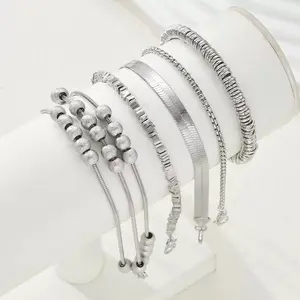 Stylish Simple Silver Multi Layer Stackable Bracelet Jewelry Set For Daily Wear
