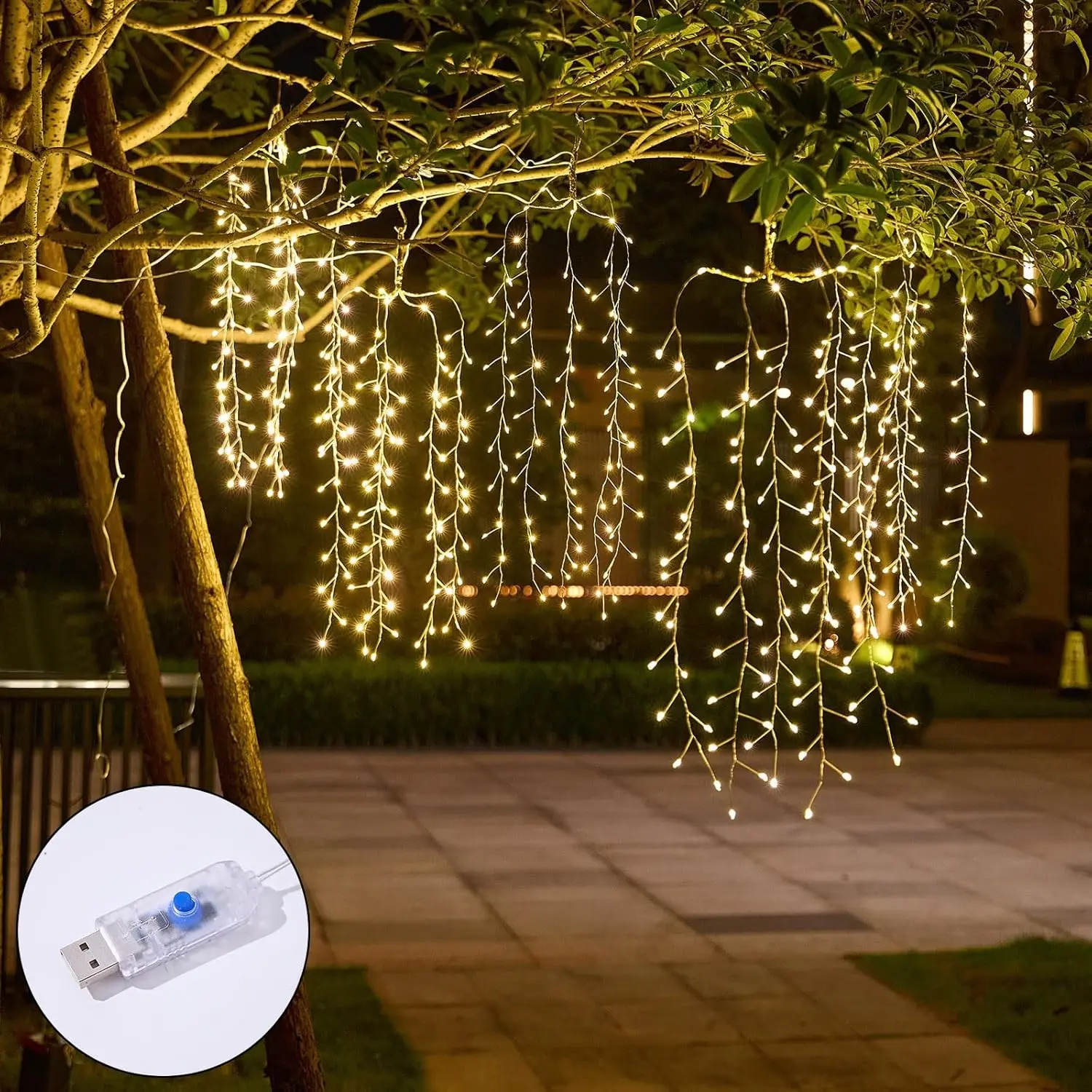Set of 3 300led Hanging Waterfall Fireworks Lights, Soft Copper Wire Starburst Lamp, USB Powered, 8 Modes, Warm Light Decorations, Yard Lighting