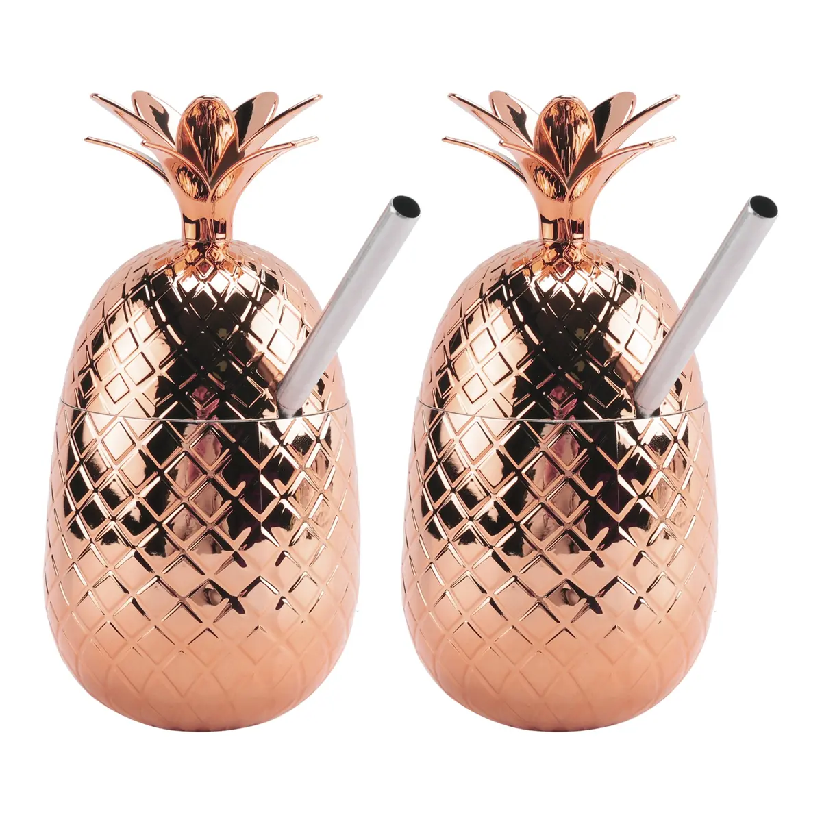 Portable 2-Pack 450ml Plastic Copper Pineapple Drink Cups, Lightweight Reusable Tumblers with Stretched Straw & Lid, Washable Car Interior Accessory for Beach, Hawaiian Luau Parties