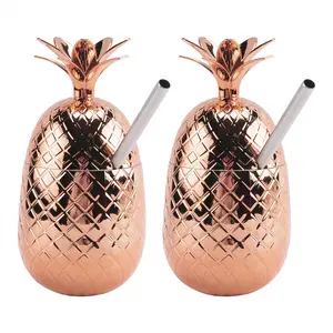 2 Pack Pineapples Drink Cups, 450Ml Copper Pineapples Tumbler with Stretched Straw, Hawaiian Luau Party Cups