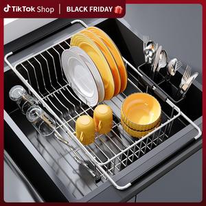 MiAoLi Over the Sink Expandable Dish Drainer Drying Rack In Stainless Steel for Small Kitchen, Counter Space Saving Modern Compact Metal Above Plate Dryer Strainer, Adjustable Hanging Inside Drain Holder