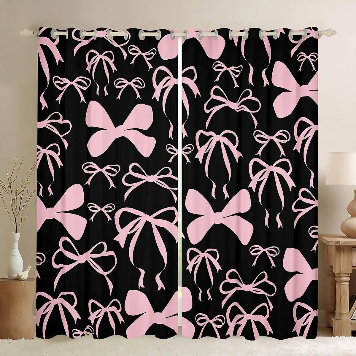 Room Darkening Bow Curtains (2 Panels) - Black Pink Bedroom Living Room Cute Bowknot Window Treatments - Kawaii Blackout Curtains