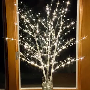 33IN 180LED Lighted White Birch Tree Branches with Timer Plug-in, Artificial Fairy Twig Tree for Christmas Home Window Decoration, Party Use