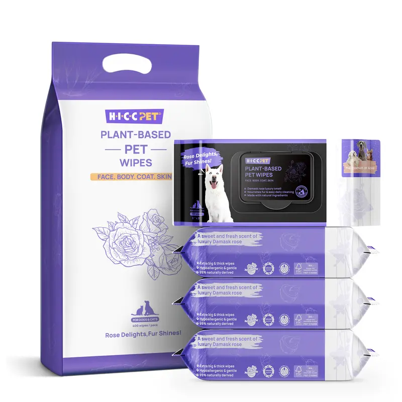 HICC PET Plant-Based Hypoallergenic Wet Pet Grooming Wipes - Natural Fresh Rose & Hyaluronic Acid Cleaner, Oatmeal Soothe & Moisturize, Dirt Removal & Deodorize for Dogs & Cats Sensitive Skin Daily Paw & Body Use