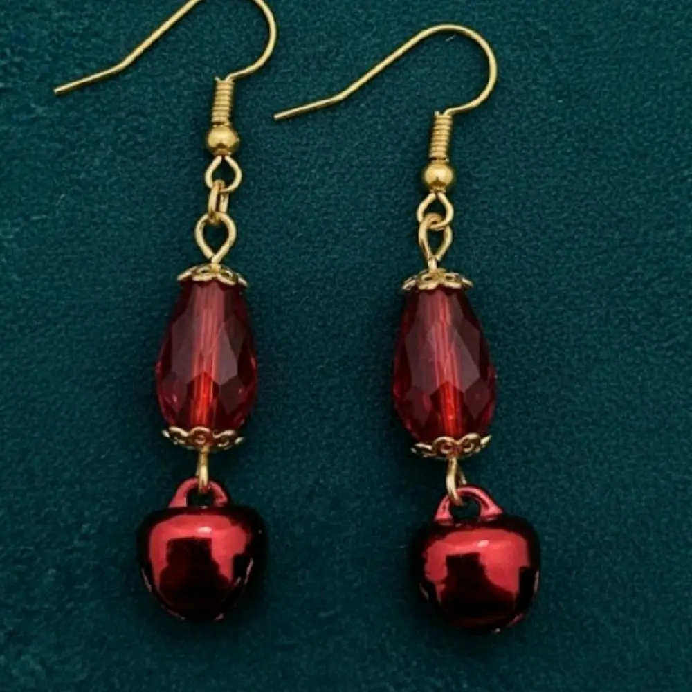 Beautiful Red Crystal Jingle Bell Earrings with Gold Tone Hooks and Red crystal for Festive Wear