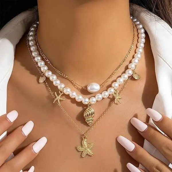 Virelyn B Seashell Necklace Layered Charm Starfish Necklace Stack Beach Wear for Women Boho Summer Accessories 14k Pearl Chain Surfer Jewelry Beachy Boho Outfits