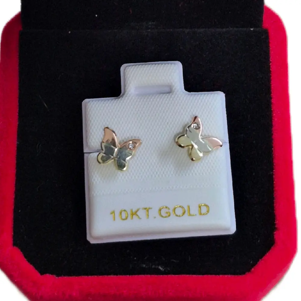 10K Real Gold Italian-Style Butterfly Stud Earrings, Rose, White and Yellow Tones