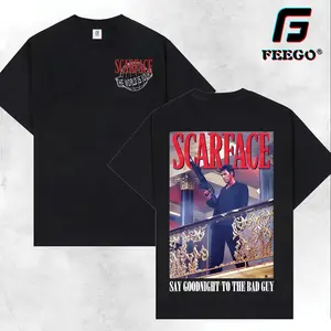 Scarface Graphic T-Shirt, 2 Sides Design, Iconic Movie Tribute for Film Enthusiasts, Bold Black Tee with Say Goodnight to the Bad Guy Quote, Perfect for Fans Streetwear Crewneck