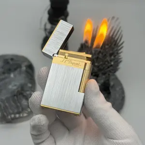 Dupont 1:1 Original Double Flame Lighter No Fuel Classic Brushed Metal Engraving Anniversary Gift for Boyfriend Mini Flint Ignition System