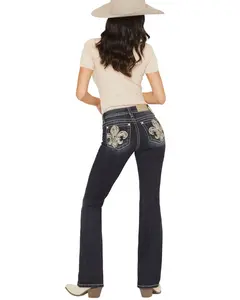 Miss Me Women's Medium Wash Mid Rise Fleur De Lis 32" Bootcut Stretch Denim - M9531bv