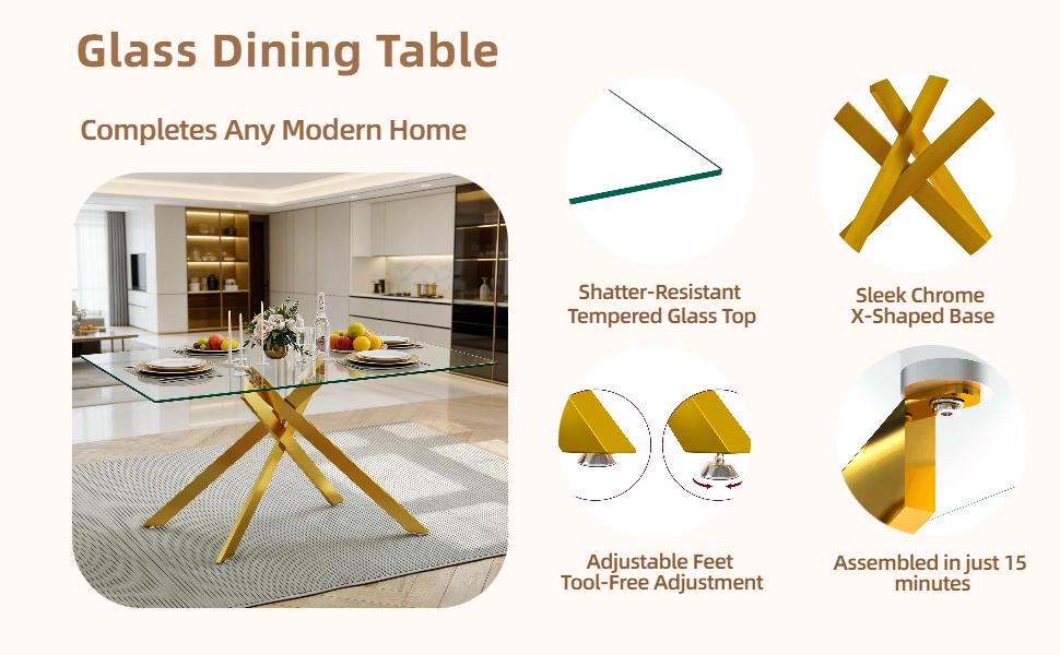 51.18 "Rectangular Glass Dining Table with Clear Tempered Glass, Golden Plated Tubular Metal Legs with Adjustable Leveling Feets, Kitchen Table for Dining Room,Dinner Table（ONLY TABLE）