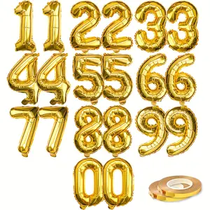 20 Pcs 16" Golden Foil Number Balloons (2 sets of 0-9) with 2pcs ribbons - Mylar Aluminum Hanging Decorations for Graduation, Birthday, Christmas & New Year's Eve Parties