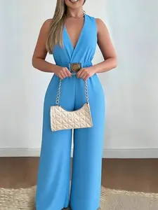 Three-piece, Fitted women's orange deep V sleeveless cinched-waist wide-leg jumpsuit, with its eye-catching design, combines fashion with body-flattering effects, suitable for stylish casual occasions such as light vacations, and fas