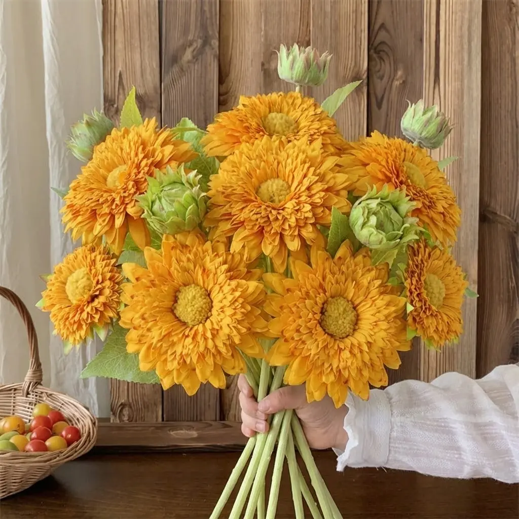 【Back to School】Molilito Iron-Wired Artificial Teddy Sunflowers Set, 6 Stems (45cm Tall, 15cm Heads), Bendable Stems, Real-Touch Leaves, Yellow Faux Bouquet for Home Wedding Decor, Lifelike Fake Plant in Box